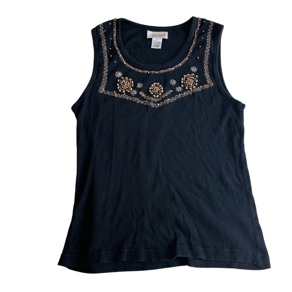Vtg Y2K 2000s Wooden Bead Embroidered Ribbed Tank Sz XL Boho Grunge
